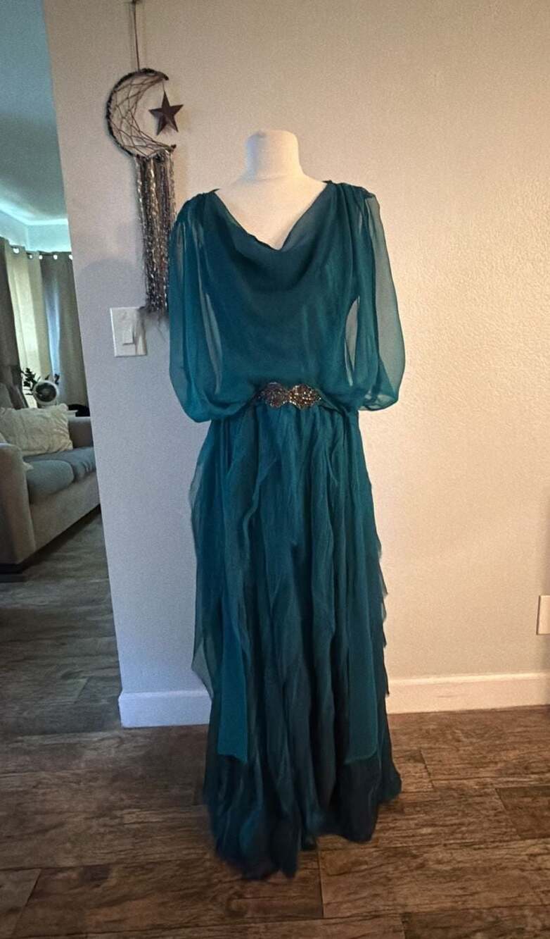 BLACK by Komarov Women's Teal Chiffon Blouson Tiered Maxi Gown /Embellished Wais